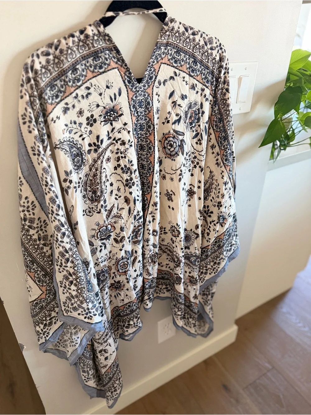 Patrons of Peace Boho Floral Kimono in Cream and Blue, Small